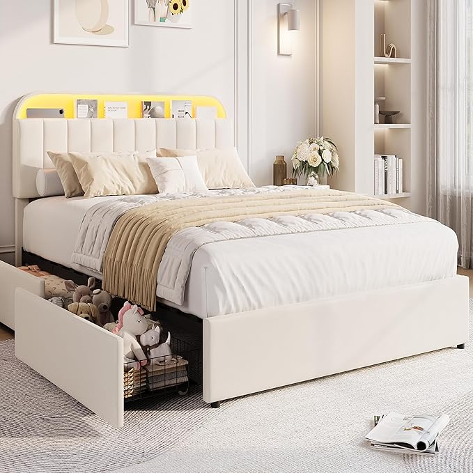 GarveeHome Full Bed Frame with Storage Headboard, Kids Bed Frame with 2 Drawers, Velvet Upholstered Platform Bed Frame with Lights, No Box Spring Needed, Easy Assembly, Velvet White