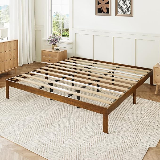 Novilla 12 Inch King Bed Frame, Classic Solid Wooden King Size Platform Bed Frame, Sturdy Wood Slat Support, No Box Spring Needed, Easy Assembly, Walnut