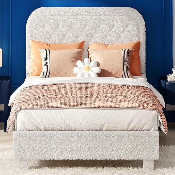 VINGLI Cloud Queen Bed Frame with Boucle Headboard,Cozy Soft Platform Bed with Wooden Slats, Cute Fabric Headboard, Cream Modern Style,Noise Free,Rounded Corners,White