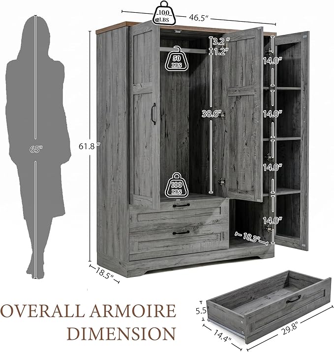 Yechen 3-Door Wooden Armoire Wardrobe Closet with Drawers and Shelves, Bedroom Armoires with Mirror for Hanging Clothes, Coat, Farmhouse Wardrobe Cabinet for Large Storage Needed
