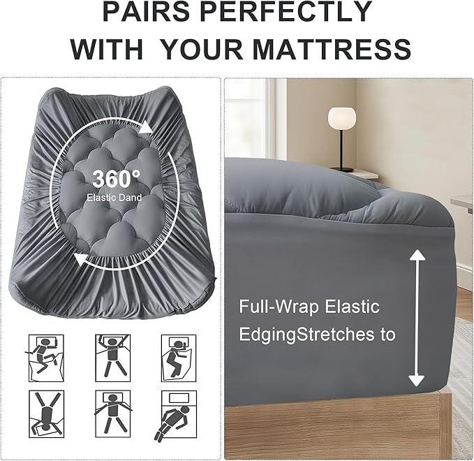 2 Inch Mattress Topper Pillow Top Full Size Extra Thick Padded Mattress Pad & Protector, Breathable Fitted Deep Pocket 8-21, Ultra Soft & Supportive