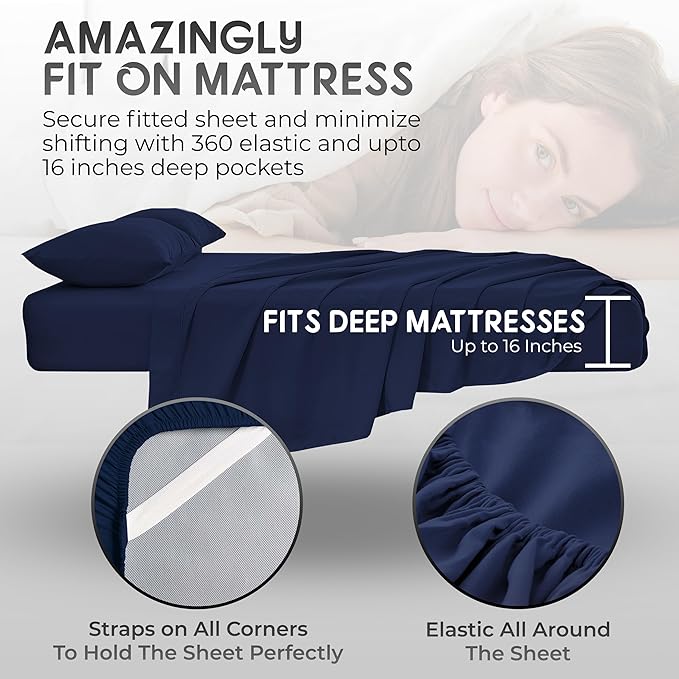 Twin Bed Set - 3Pc Set - Deep Pockets - Cooling Twin Size Sheets - Soft and Smooth Bed Sheet - Perfect Bedding for Any Bedroom (Navy Blue)