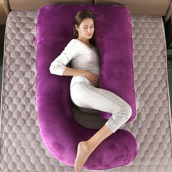 U-Shaped Full Body Pregnancy Pillow for Sleeping – 57" Maternity Pillow with Removable Cover, Support for Back, Legs, Belly & Hips (Velvet-Dark Purple)