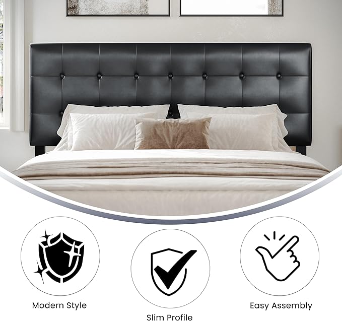 Flash Furniture Lennox Adjustable Height Button Tufted and Box Stitch Upholstered Queen Size Headboard in Black Vinyl