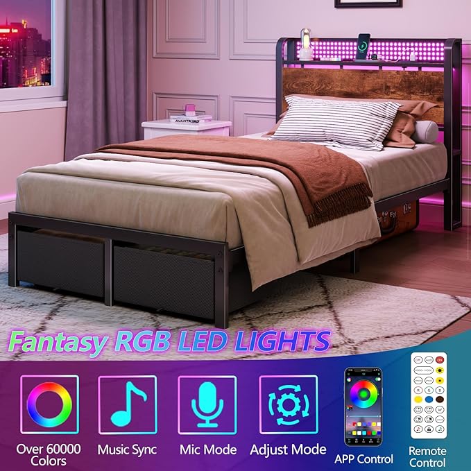 Furnulem Twin Bed Frame with 2 Storage Drawers & Charging Station, Twin Platform Bed Frame with Headboard & LED Lights, No Box Spring Needed, All in One, Easy to Install, Noise Free (500 lbs Capacity)