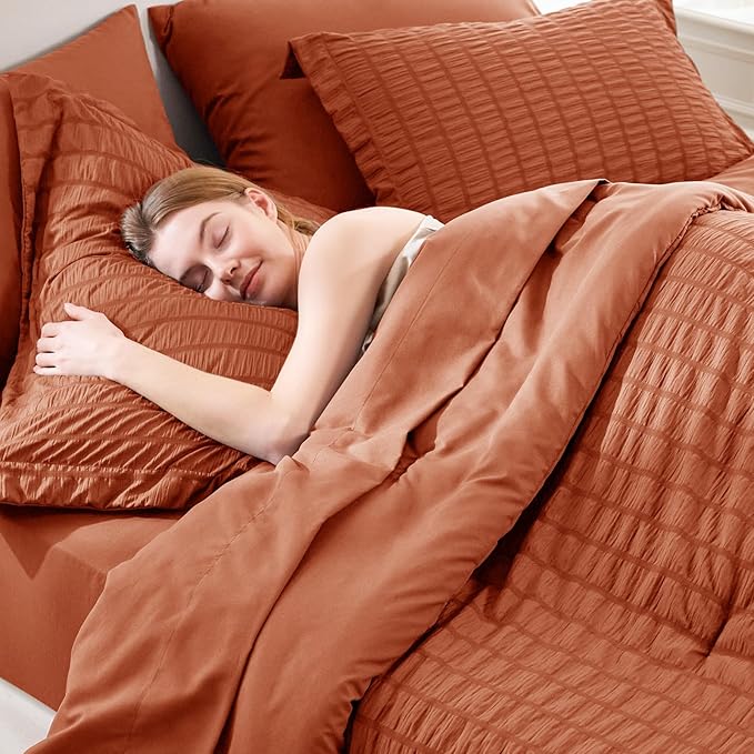 CozyLux Twin XL Comforter Set with Sheets Seersucker Burnt Orange 5 Pieces Bed in a Bag, Terracotta Twin Extra Long Bedding Sets College Dorm with Down Alternative Comforter, Sheets, Pillowcase & Sham
