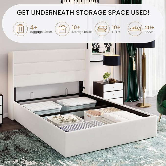 SHA CERLIN Full Size Lift Up Storage Bed/Velvet Upholstered/Modern Wingback Headboard/Upholstered Platform Bed Frame/Hydraulic Storage/No Box Spring Needed/White