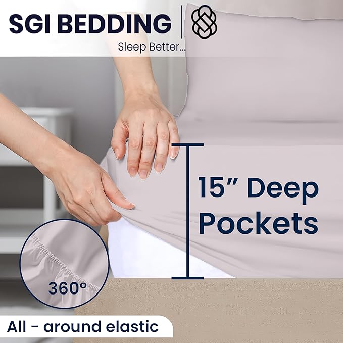 SGI bedding 32" King Split Top Flex Head Sheet 100% Egyptian Cotton Sheet Set 1000 Thread Count Flex Top Sheet for Adjustable Bed 4Pc Sheet Set 15" Deep Pocket for Sleep Number Bed - Silver