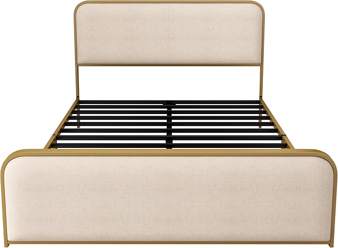Merax Metal Platform Bed Queen Size with Curved Upholstered Headboard and Footboard, Queen Bed Frame with Storage Space Under Bed, Heavy Duty Metal Slats, No Box Spring Needed, Gold+Beige