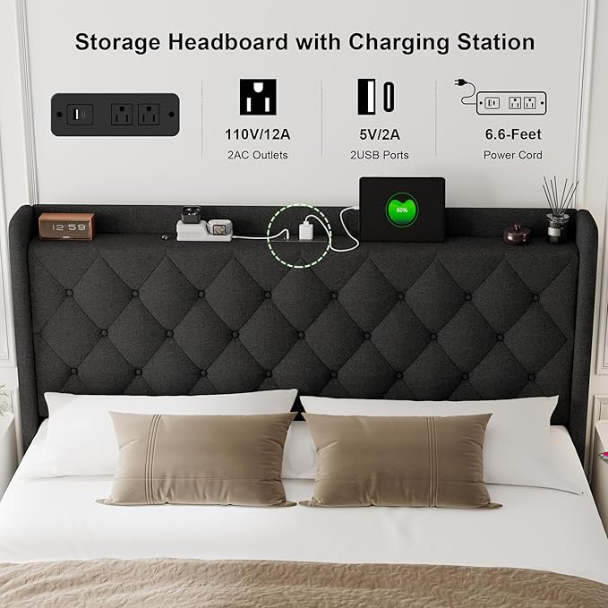 Feonase Full Size Bed Frame with Storage & Charging Station - Hydraulic Lift Up Platform Bed, Upholstered Button Tufted Headboard, Sturdy Wooden Slats, Noise-Free, No Box Spring Needed,Black