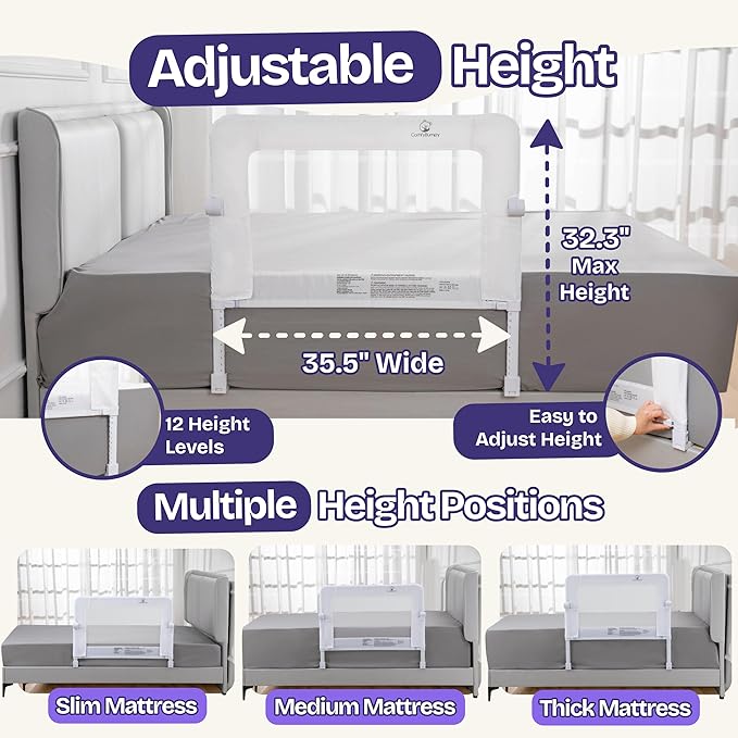 ComfyBumpy Premium Adjustable Bed Rail for Toddlers, Swing-Down Safety Guard, Height Adjusts 24.4"–32.3" H, 35.5" Regular Length, Sturdy Steel & Breathable Mesh, for Twin, Full & Queen, White, 1-Pack