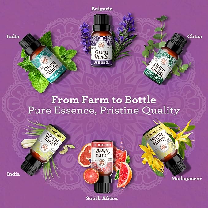 GuruNanda Essential Oils Set – 6 Pack (10mL Each), Lavender, Peppermint, Eucalyptus, Lemongrass, Grapefruit & Ylang Ylang, 100% Natural Aromatherapy Oils for Diffuser, Massage & DIY Candle Making