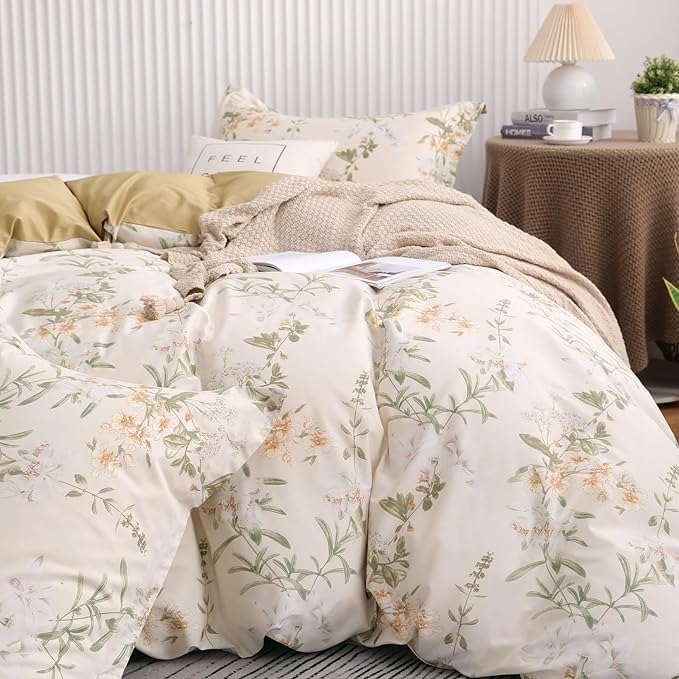 OAITE Duvet Cover Set King Size Floral Pattern 600 Thread Count Ultra Soft 100% Long Staple Cotton Duvet Cover Sets 3-PC, Breathable Duvet Cover with Zipper Closure & Corner Ties