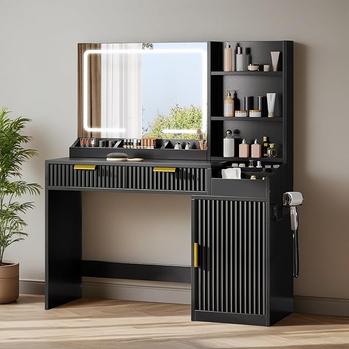 YITAHOME Large Makeup Vanity Desk with Mirror and Lights, Fluted Vanity Table with 2 Drawers & Adjustable Shelves, Makeup Mirror in 3 Modes Lighting, Dressing Table Set w/Charging Station, Black