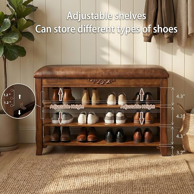 Shoe Rack Bench Entryway Storage with Leather Cushion, Shoe Organizer Bench for Entryway, Front Doors Entrances Hallway,Mudroom,Closet, Bedroom,Solidwood 3 Height-Adjustable Removable Shelve,23.6"