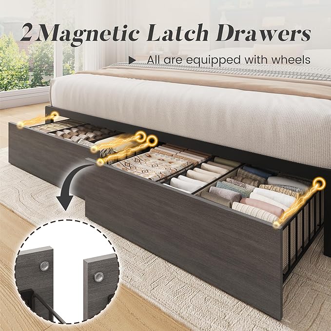Lifezone Queen Bed Frame with Headboard, Queen Bed Frame with High Storage Bookcase Headboard, 2 Storage Drawers & Charging Station, No Box Spring Needed/Noise Free/All-Metal Support, Rustic Grey