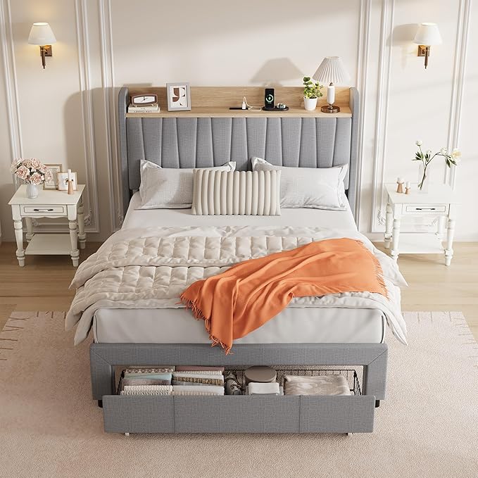 Garvee Upholstered Bed Frame Queen Size with Storage Headboard and Charging Station, Platform Bed Frame with Drawers, Heavy Duty, No Box Spring Needed, Easy Assembly, Light Grey