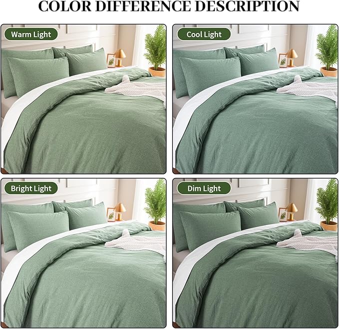 NEXHOME PRO Duvet Cover Queen 100% Washed Cotton, Organic Natural Linen Like Textured, Breathable, Durable, Home Bedding Set, Heathered Green 10490