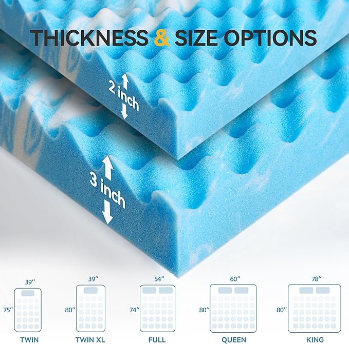 SINWEEK 3 Inch Egg Crate Memory Foam Mattress Topper Queen Size, Soft Mattress Pad for Back Pain Relief, Bed Topper, CertiPUR-US Certified, Blue