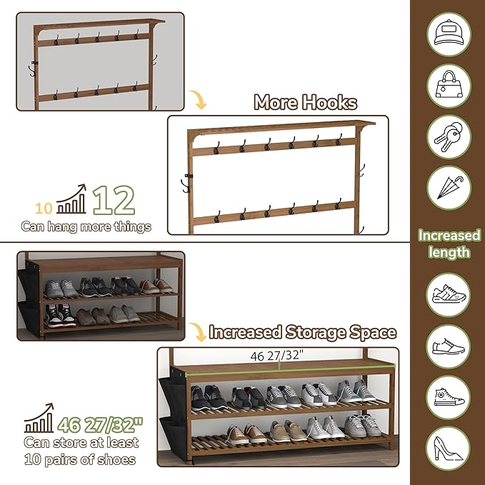 AMBIRD 6-in-1 Bamboo Hall Tree with Shoe Storage, Entryway Organizer Shoe Bench with 16 Coat Hooks and Cloth Bag, Sturdy Bamboo Storage Bench, 46 * 15 * 70 inches Brown