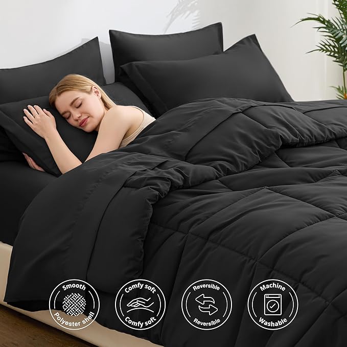 Love's cabin Twin Comforter Set Ash Black, 5 Pieces Twin Bed in a Bag, All Season Bedding Sets with 1 Comforter, 1 Flat Sheet, 1 Fitted Sheet, 1 Pillowcase and 1 Pillow Sham | Soft, Breathable, Lightweight, Comfortable