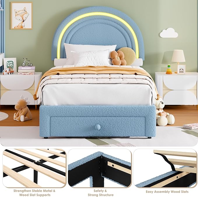 GarveeHome Twin Upholstered LED Bed Frame - with Storage Drawer and Rainbow Headboard, Berber Fleece Princess Platform Bed for Kids, Solid Wood Slats Support, No Box Spring Needed, Easy Assembly, Blue