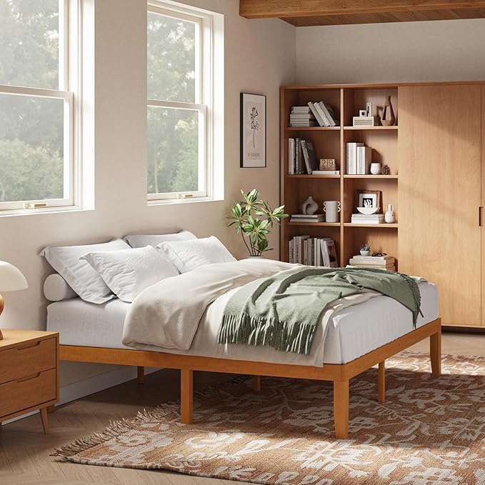 DUMOS King Solid Bed Frame Wood 16 Inches, Sturdy Platform Bed with Heavy Duty Wood Slat Support, No Box Spring Needed, Easy Assembly, Natural Pine