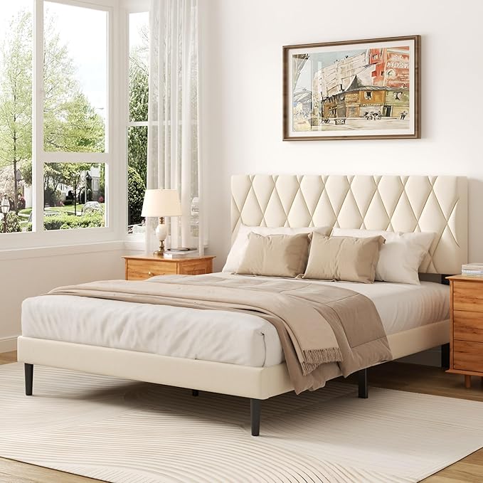 CXVX Full Size Bed Frame with Diamond Tufted Headboard, Velvet Upholstered Platform Bed and Wooden Slat Support, Noise-Free, No Box Spring Needed, Easy Assembly, Beige