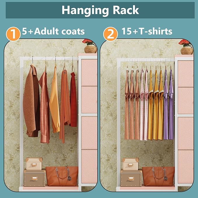 HIGDBFE Dresser with Hanging Rack, 4 Drawers Small Closet for Bedroom, Reversible Fabric Kids Chest of Drawers with Clothes Rack, Tall Storage Tower, Sturdy Frame, Pink, 44''H