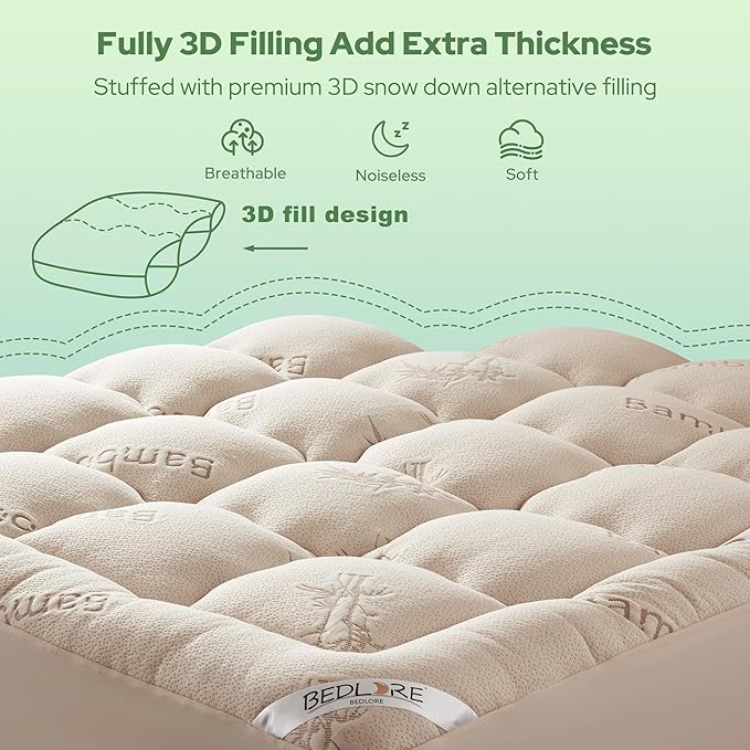 BEDLORE Twin Mattress Topper Viscose Derived from Bamboo, Thick Pillow Top Mattress Pad with Stretchable Pockets for 6"-15" Mattress, Soft Breathable Mattress Topper for Back Pain Relief(Beige)