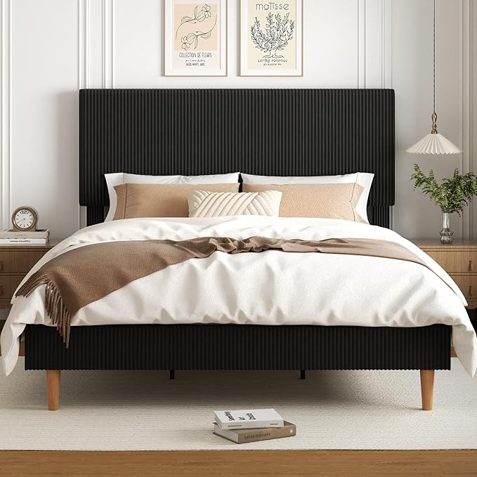 King Size Bed Frame, Upholstered Platform Bed with Adjustable Headboard, Vertical Fluted Tufted, Soft Corduroy Fabric, Wooden Slats Support, No Box Spring Needed, Easy Assembly, Black