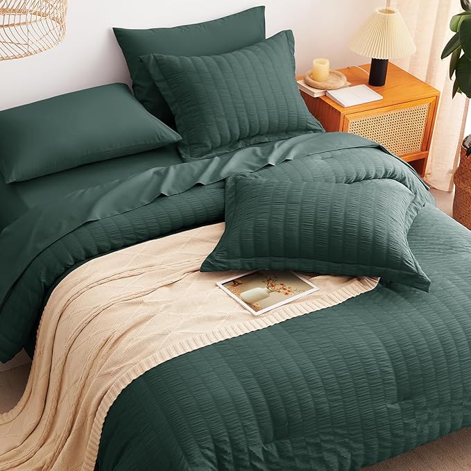 CozyLux Twin XL Comforter Set with Sheets Seersucker Forest Green 5 Pieces Bed in a Bag, Twin Extra Long Luxury Bedding Sets for College Dorm with Down Alternative Comforter, Sheets, Pillowcase & Sham