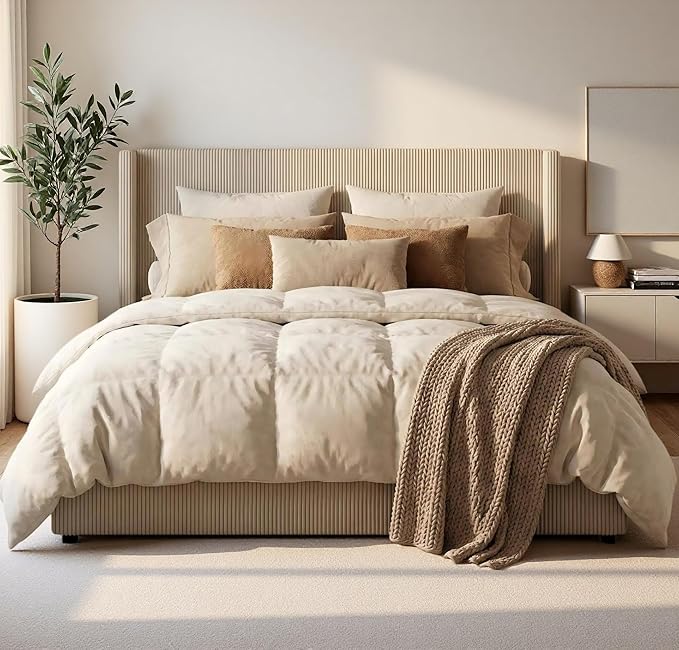 IDEALHOUSE Queen Size Upholstered Platform Bed Frame with Storage Drawers, Corduroy Wingback with Tufted Headboard and Footboard, No Box Spring Needed, Easy Assembly, Beige
