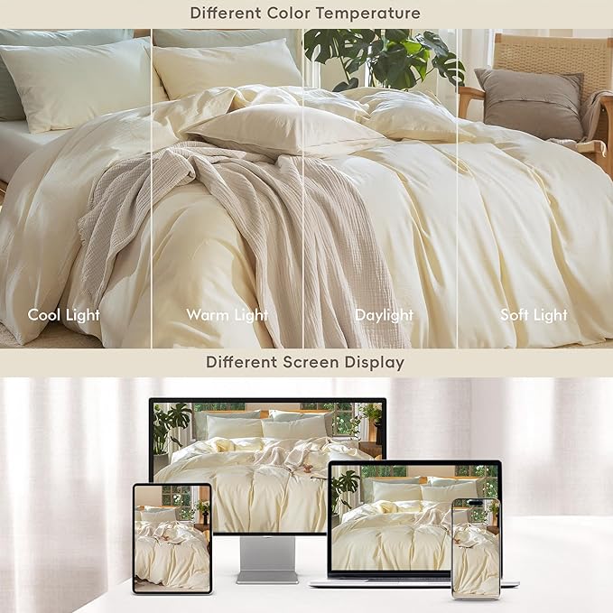 MooMee Bedding Duvet Cover Set 100% Washed Cotton Linen Like Textured Breathable Durable Soft Comfy (Solid Cream, Queen 90"x90")