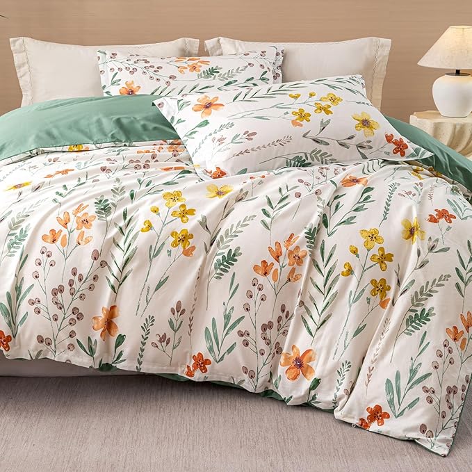 OAITE Duvet Cover Set Twin Size Floral Pattern Ultra Soft 100% Cotton Duvet Cover Sets 3-PC, Breathable Duvet Cover with Zipper Closure & Corner Ties(2 Pillow Shams,1 Duvet Cover)