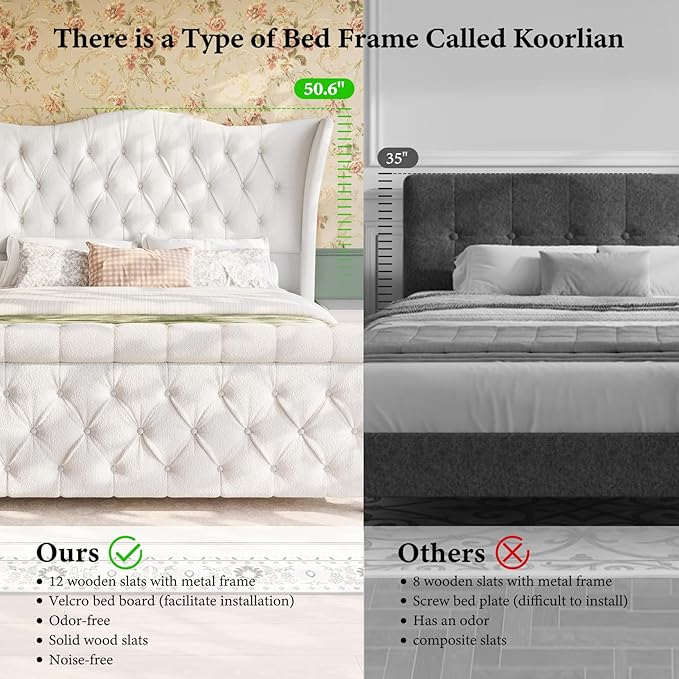 koorlian Queen Bed Frame,Chenille Upholstered Sleigh Bed with Scroll Wingback Headboard & Footboard,Luxury & Soft Button Tufted Queen Size Modern Bed,Easy Assembly,No Box Spring Needed