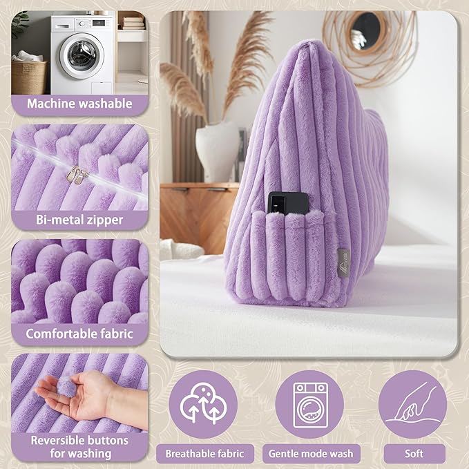 Headboard Pillow + A Long Neck Roll Pillow Body Pillow，Faux Fur Headboard Wedge Pillow with Removable Cover (Purple, Queen：59x8x20 inches)