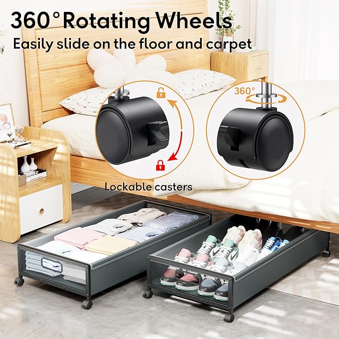 Under Bed Storage Containers with Wheels 2 Pack Underbed Shoe Storage Bedroom Storage Bins Organizer Large Capacity Under Bed Storage with Lid for Clothes Shoes Toys Blankets (Cyan-gray)