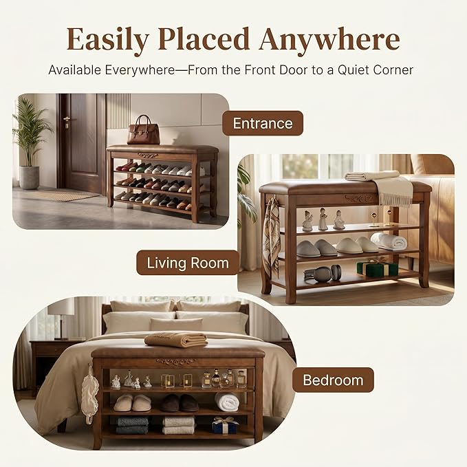 Shoe Rack Bench Entryway Storage with Leather Cushion, Shoe Organizer Bench for Entryway, Front Doors Entrances Hallway,Mudroom,Closet, Bedroom,Solidwood 3 Height-Adjustable Removable Shelve,39.4"