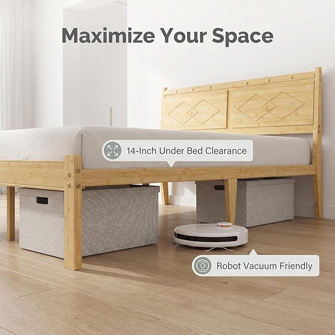 Askeld 14 inch Bamboo Queen Bed Frame with Headboard, Light Cottagecore Solid Wood Platform Bed with Heavy Duty Metal Slats, No Box Spring Needed, Easy Assembly, Noise Free