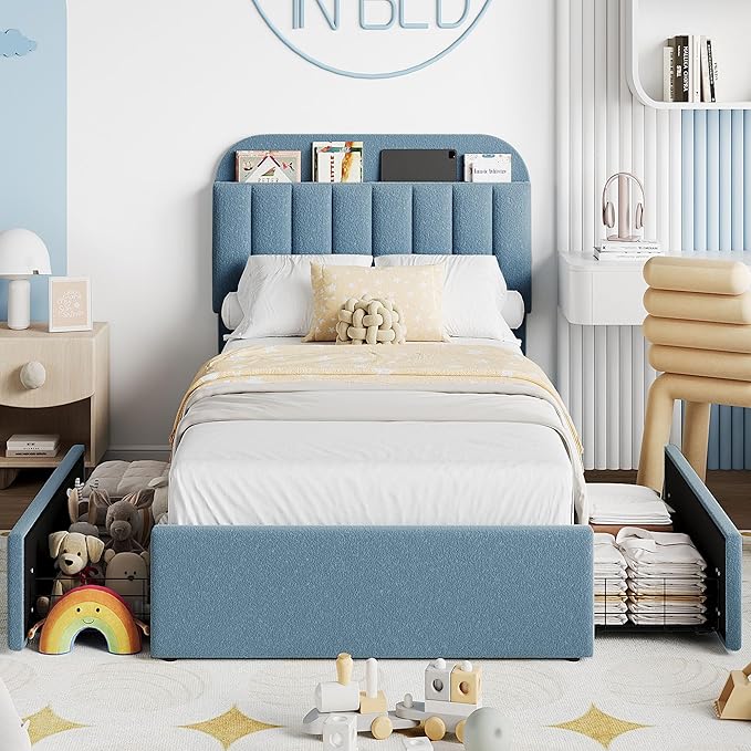 IDEALHOUSE Twin Bed Frame for Kids, Boucle Upholstered Platform Bed for Boys with 2 Flexible Drawers, Bookcase Headboard, Noise-Free, Easy Assembly, No Box Spring Needed, Blue