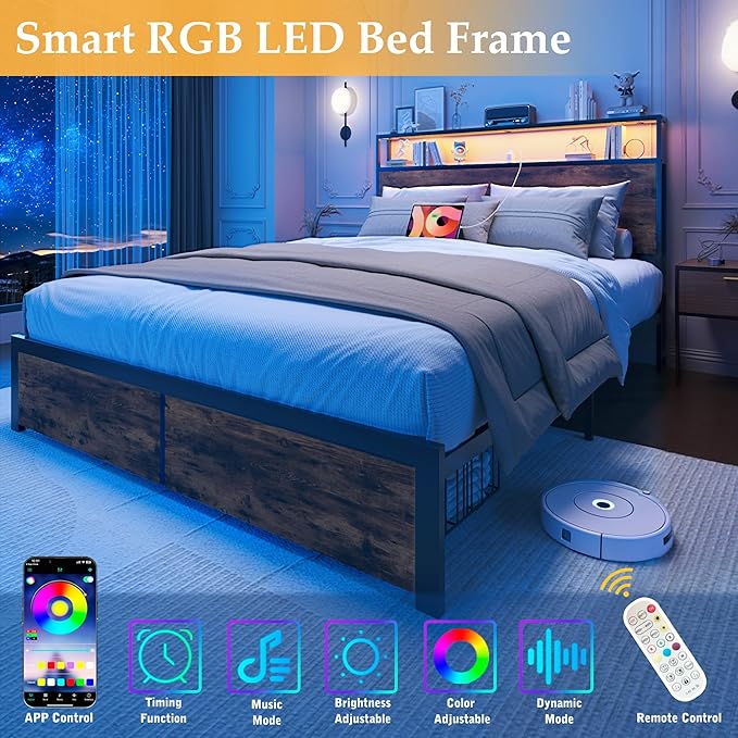 Lifezone Full Bed Frame with 2-Tier Storage Headboard, Metal Bed Frame with Storage Drawers & Built-in Charging Station & LED, Noise-Free, No Box Spring Needed, Easy Assembly, Rustic Brown