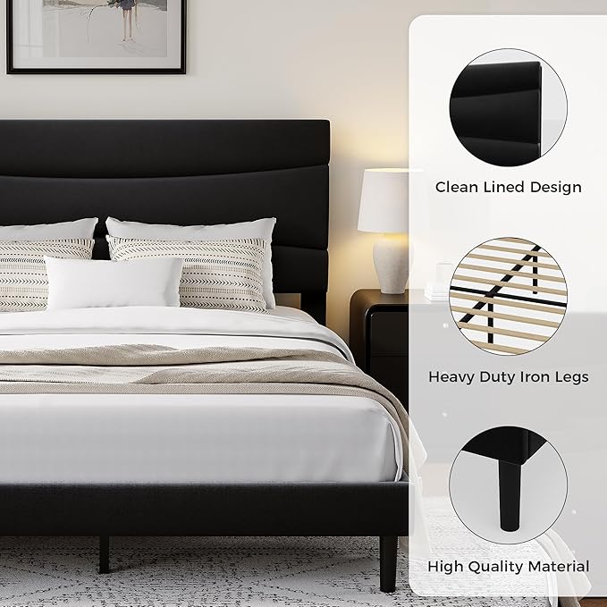 GarveeHome Queen Modern Upholstered Bed Frame with Soft Padded Headboard,Sturdy Metal Steel Slat Support, Noise-Free Quiet Design,Easy Assembly,Heavy Duty Stable Bed Frame(Black)