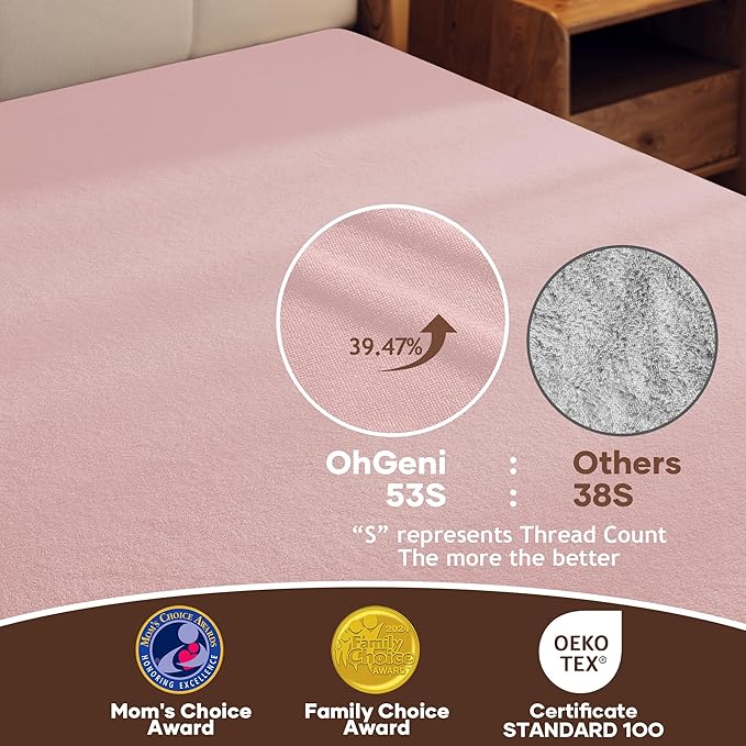 OhGeni 100% Waterproof Mattress Protector, Queen Size Pink, Fitted Sheet with Deep Pockets, 6''-18'', Premium Noiseless Breathable Soft Material, Mattresses Cover for Bed