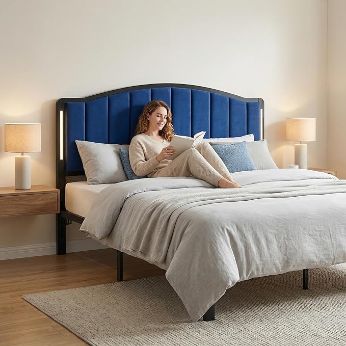 Headboard for Queen Size Bed with LED Lights, Upholstered Vertical Channel Tufting Head Boards, Velvet Headboard Only, Attach Frame, Ideal for Bedroom, Dorm, Guest Room, Blue