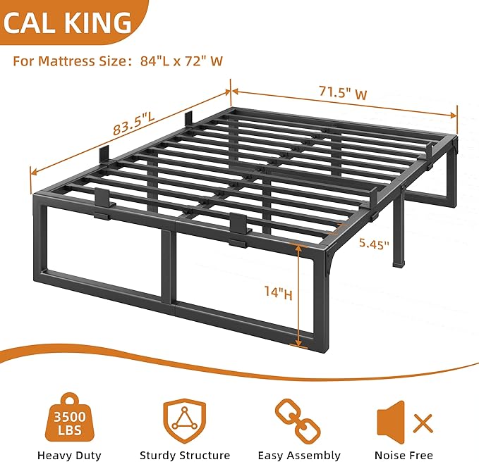 California King Bed Frames, 14 Inch Metal Platform Bed Frame with Squeak Free U-Slot Design, 6 Non-Slip Guards, 3500lbs Heavy Duty Steel Slat Support, No Box Spring Needed, Under Bed Storage