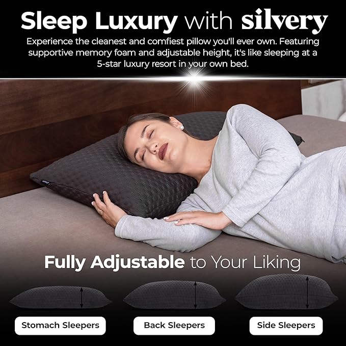 Silvery Memory Foam Bed Pillow - Patent-Pending Self-Cleaning Technology™ for Hygienic Sleep - Cooling Hypoallergenic Adjustable Pillows for Side, Back & Stomach Sleepers