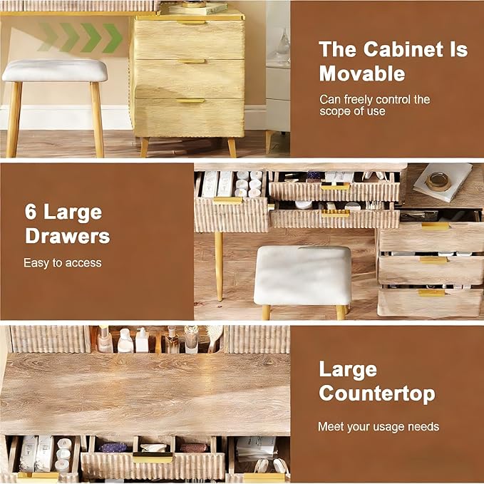 Casaphoria Vanity Desk with LED Mirror & 7 Drawers, Fluted Yellow Brown Dressing Table with Stool for Bedroom Makeup & Jewelry Storage