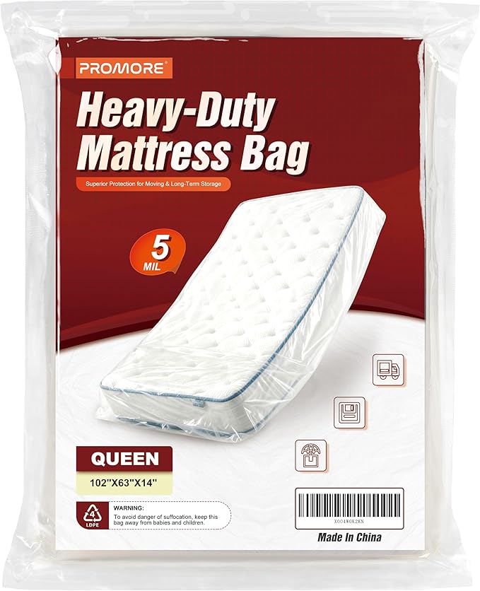 Queen Size Mattress Bag for Moving and Storage - 5 Mil Heavy Duty, Plastic Waterproof Mattress Cover, Reusable, Tearproof