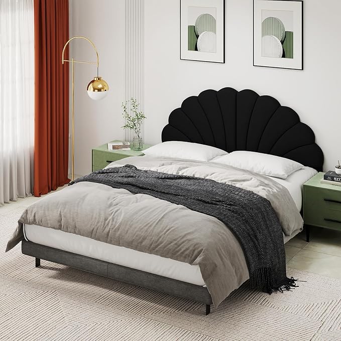 Befurtori Queen Size Headboard Only, Petal Wall Mount Headboard Queen/Full Size for Adjustable Bed Velvet Upholstered Head Board Easy Assembly, Black